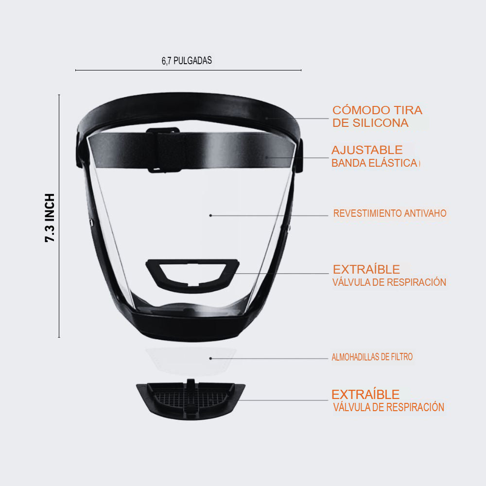 Protector facial antipolvo y resistente a la niebla