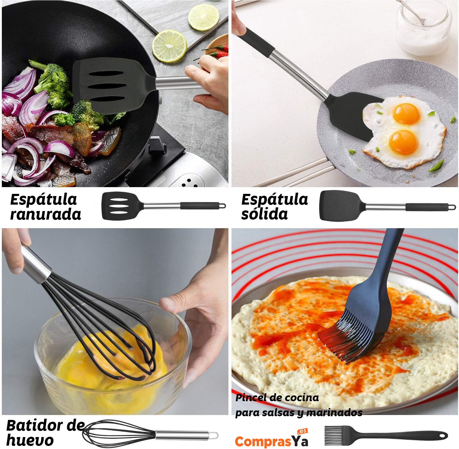 17 utensilios de cocina de silicona y acero inoxidable